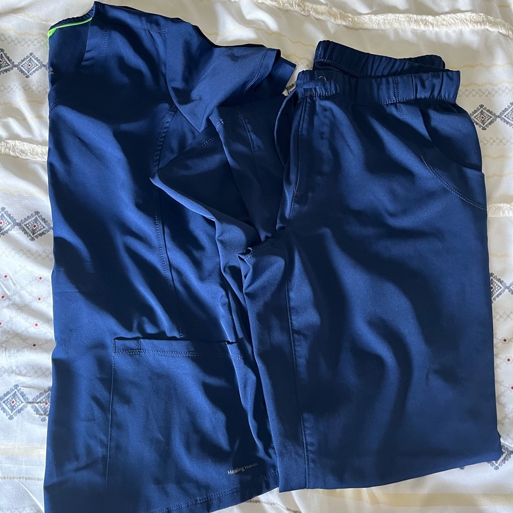 Navy blue scrubs.